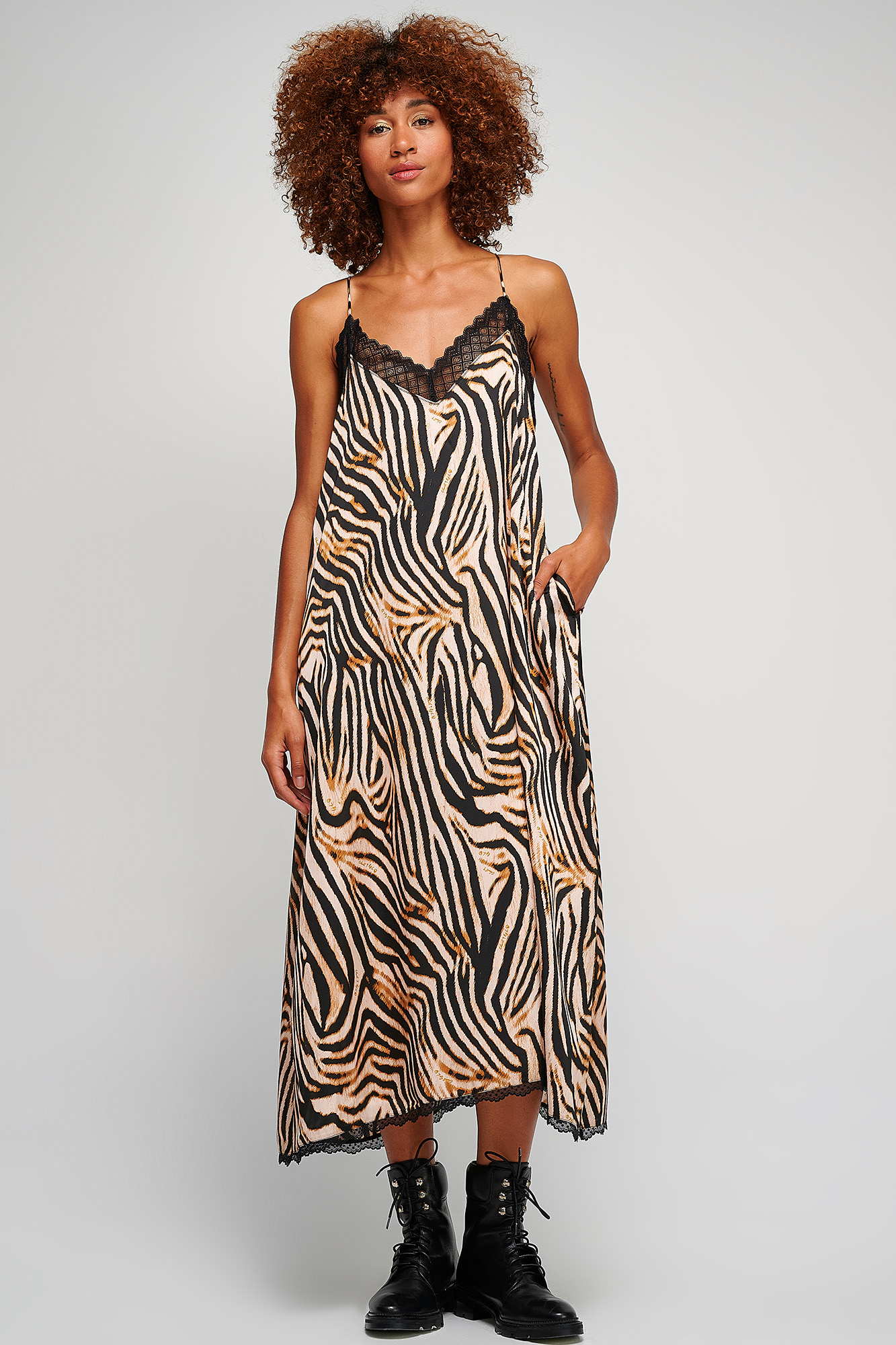 Zebra print maxi φόρεμα με τιράντες & δαντέλα CHRISTY